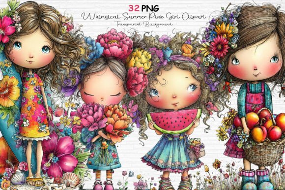 Download Whimsical Summer Pink Girl Clipart PNG - Ink Collection